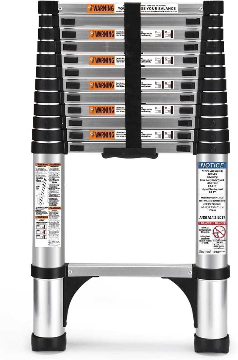 Soctone Telescoping Ladder, 12.5 FT Aluminum Lightweight Extension Ladder with 2 Triangle Stabilizers, Heavy Duty 330lbs Max Capacity, Multi-Purpose Collapsible Ladder for RV or Outdoor Work - Image 1